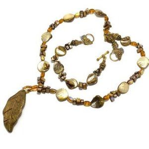 Handmade  Jewelry Set by Surdigirl - Metal Leaf Pendant, Shell & Acrylic